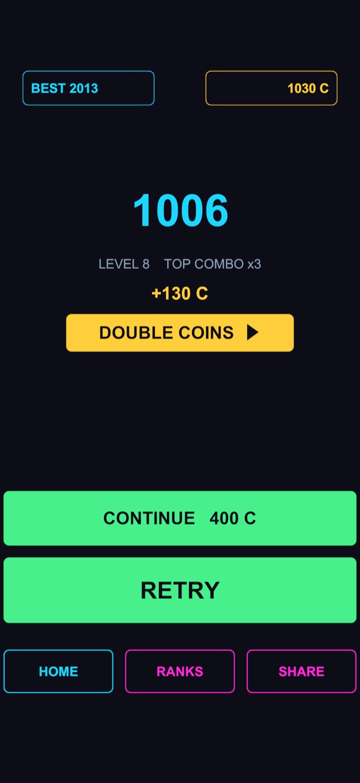 Game-over screen showing the score and coins earned