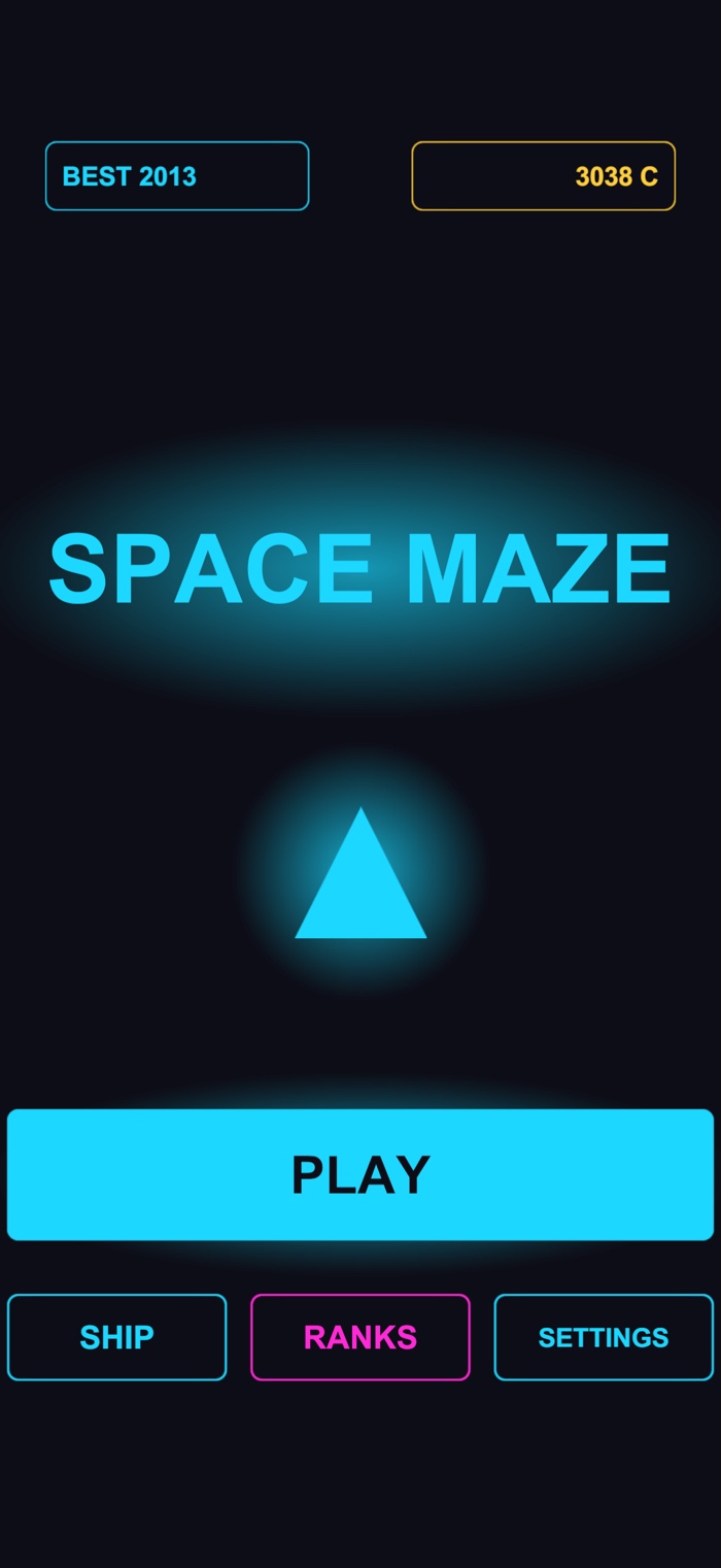 Space Maze home screen with the glowing cyan ship