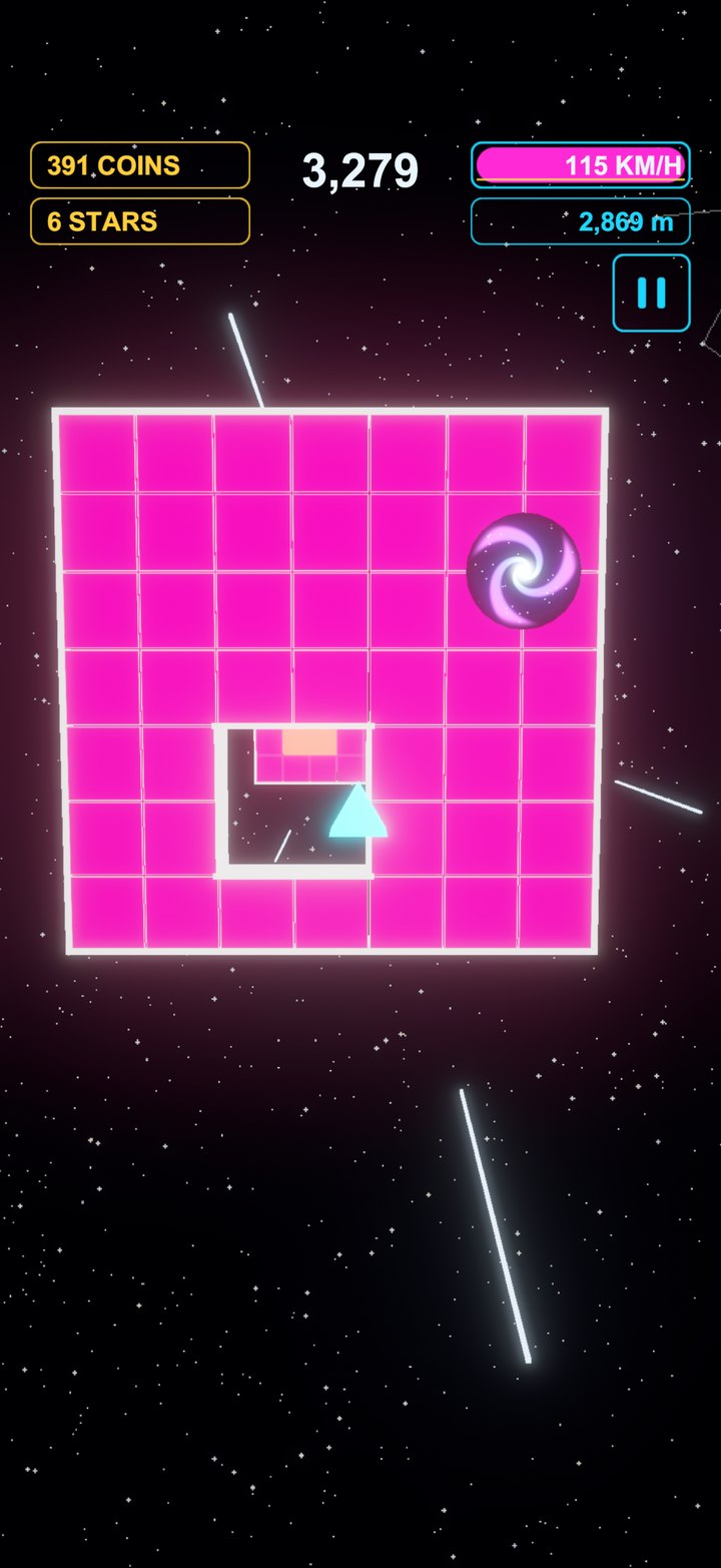 A spiralling purple wormhole portal inside the neon maze wall